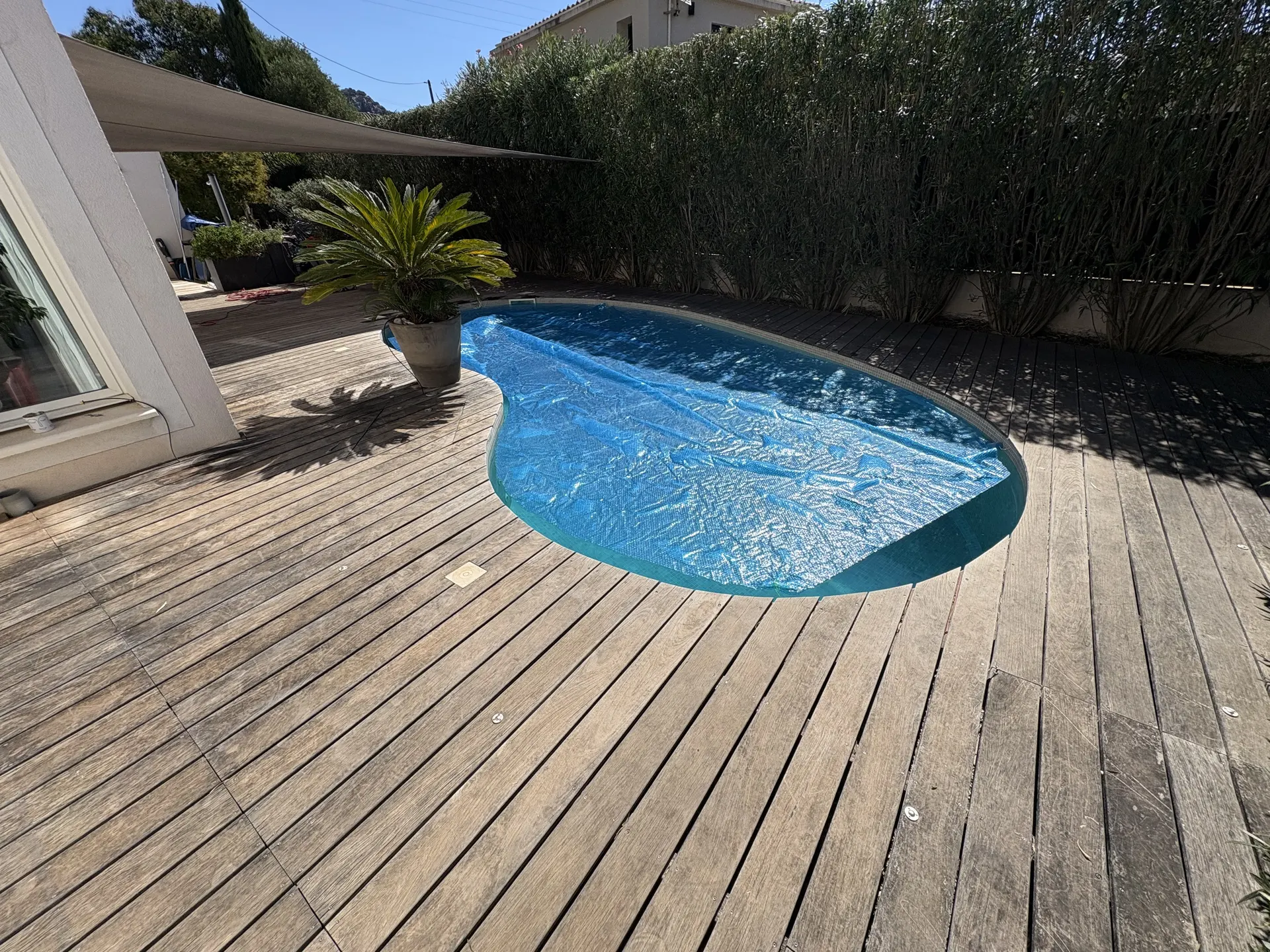 Plage de piscine haricot en bois, avant rénovation