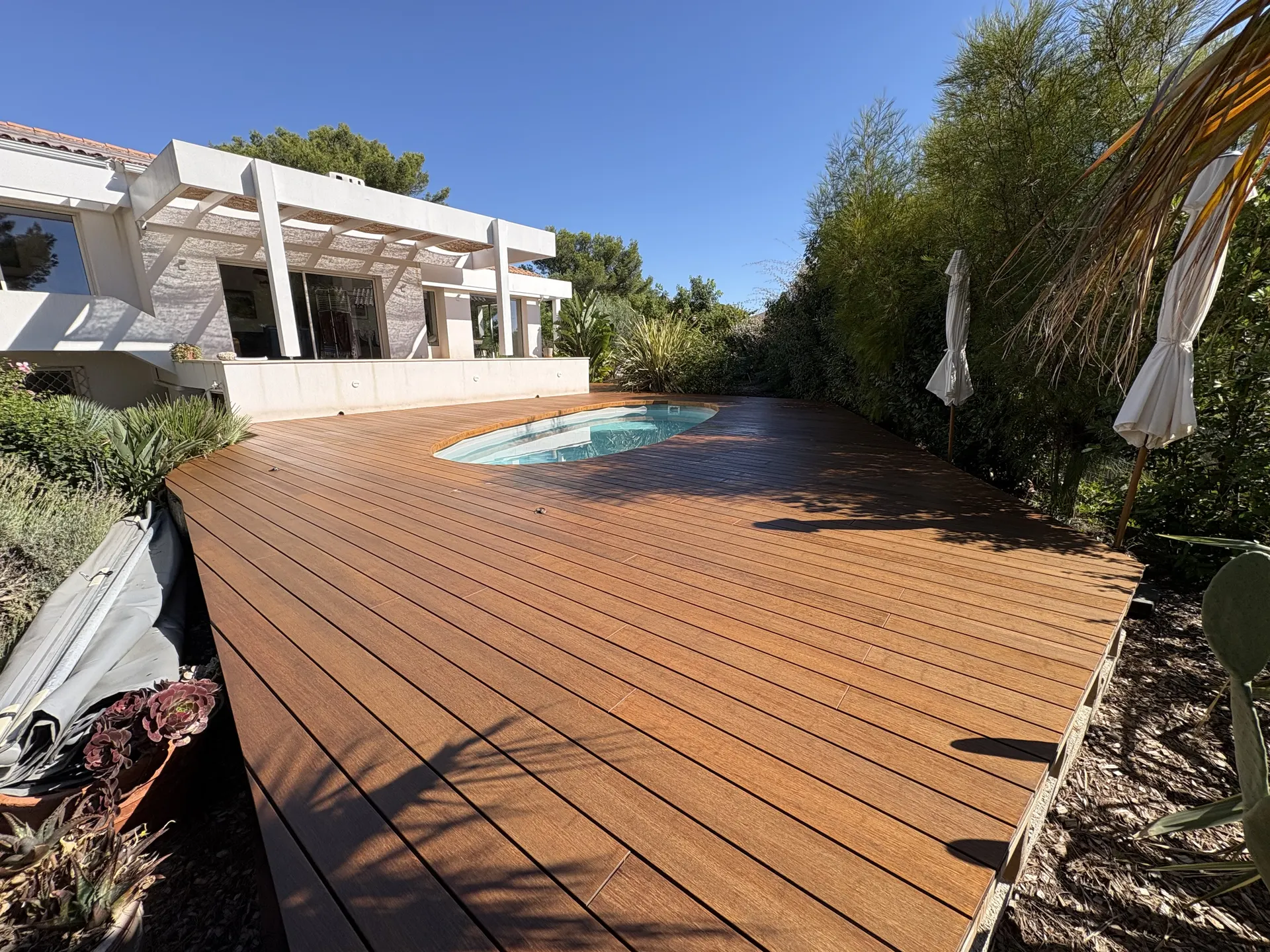 Plage de piscine haricot avec parasols, après rénovation